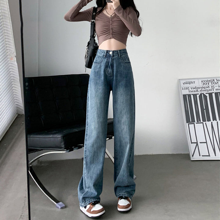 Draping Effect Wide Leg Jeans Women's High Waist Plus Size Mop Trousers