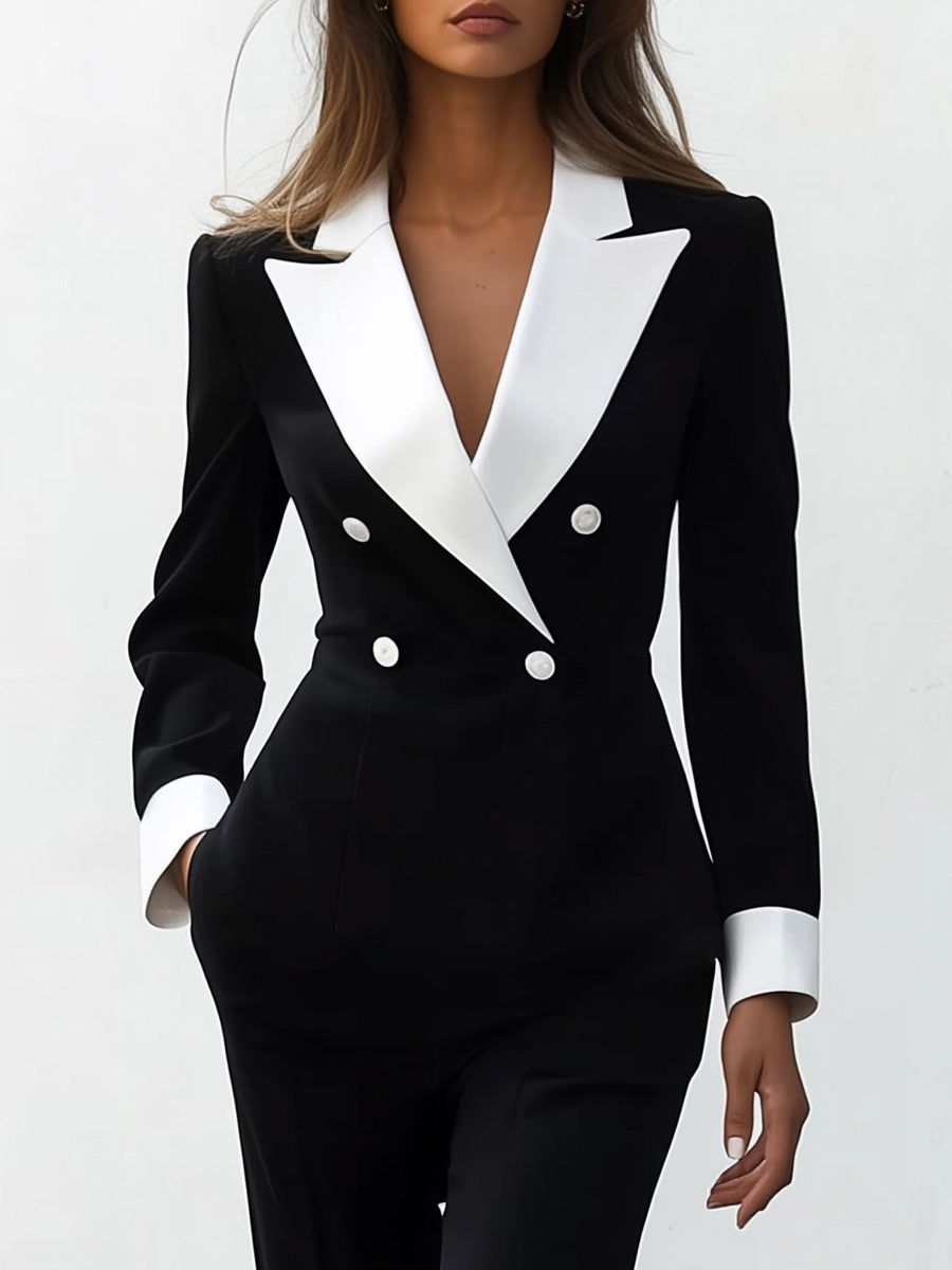 Black and White Double-Breasted Jumpsuit with Contrast Lapels