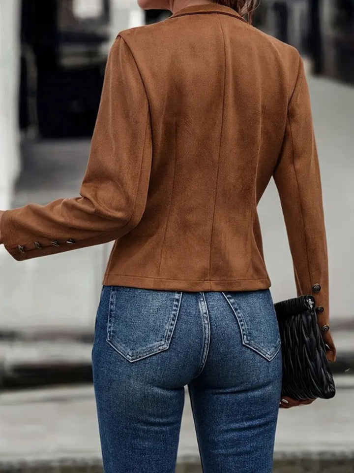 Brown Elegant Double-breasted Jacket - High Neck, Buttoned Placket, Micro-elastic, Street Style Solid Color Women'S Jacket - Suitable For Winter Amazon Does Not Sell