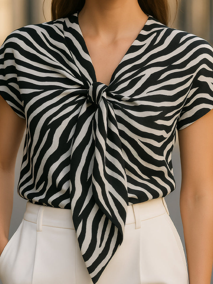 Short Sleeve Zebra Blouse with Front Tie Detail