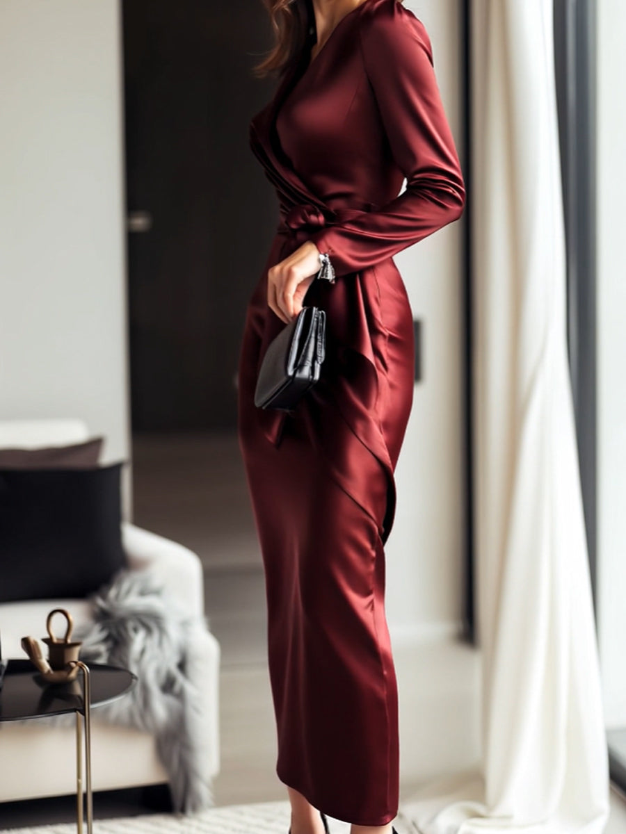 Timeless Burgundy Satin Wrap Dress with Waist Tie Detail