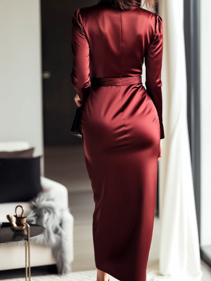 Timeless Burgundy Satin Wrap Dress with Waist Tie Detail