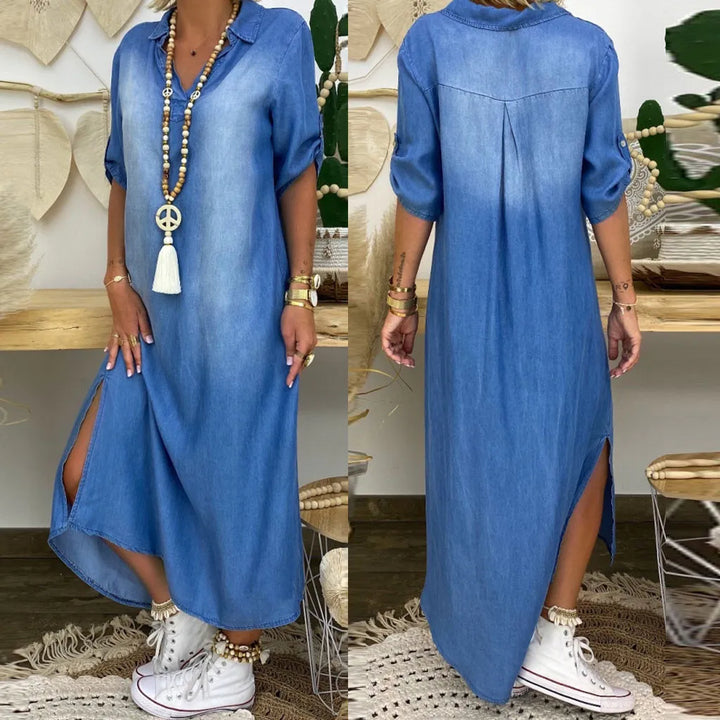 Peggy™ | Long Denim Look Dress with Side Slit