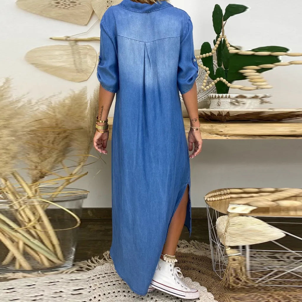 Peggy™ | Long Denim Look Dress with Side Slit