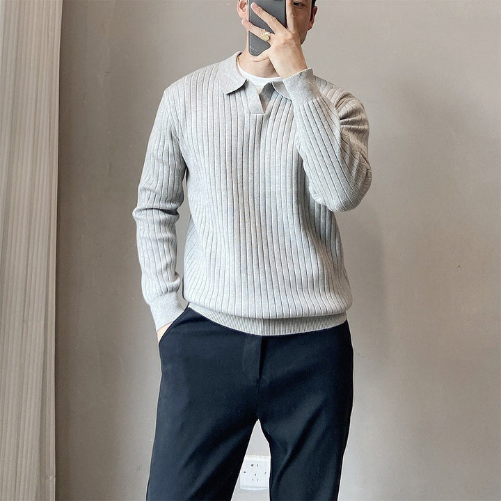 Lightly Mature Spring And Autumn Stripes Lapel Boys Texture Loose Elastic Knitted Sweater