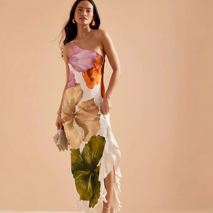 Spring And Summer New Oblique Shoulder Positioning Printing Female Dress