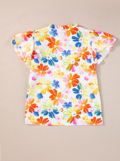 White Floral Bouquet Flutter Top