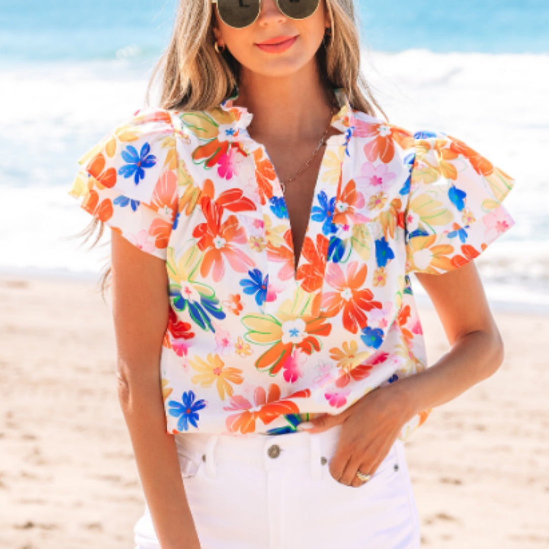 White Floral Bouquet Flutter Top