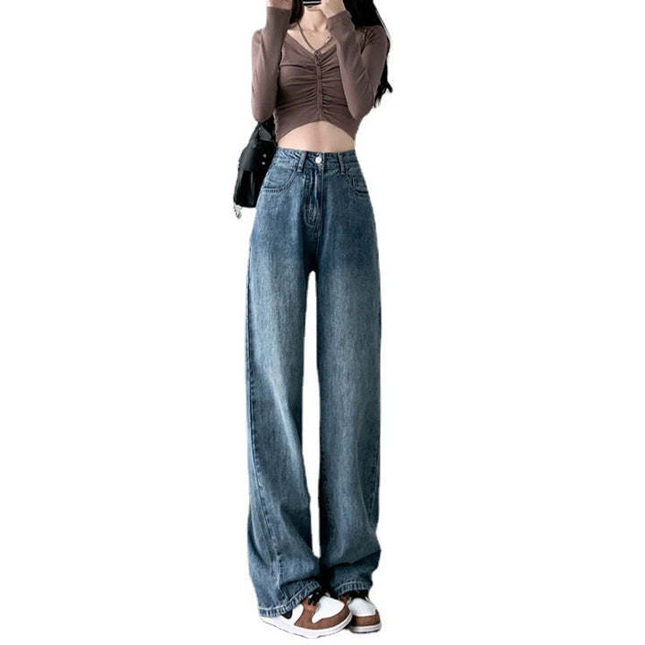 Draping Effect Wide Leg Jeans Women's High Waist Plus Size Mop Trousers