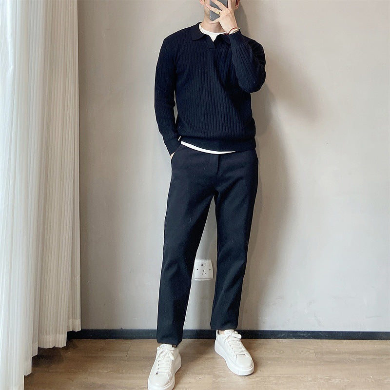 Lightly Mature Spring And Autumn Stripes Lapel Boys Texture Loose Elastic Knitted Sweater