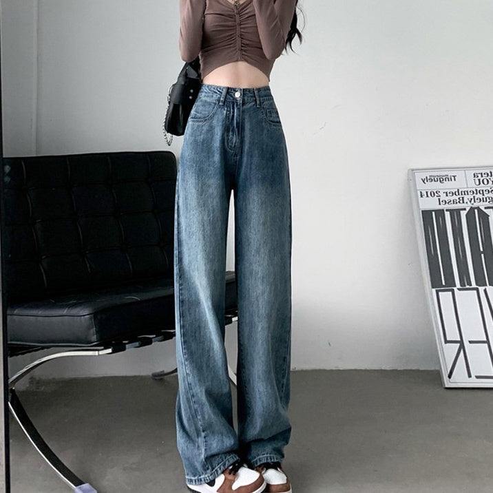 Draping Effect Wide Leg Jeans Women's High Waist Plus Size Mop Trousers