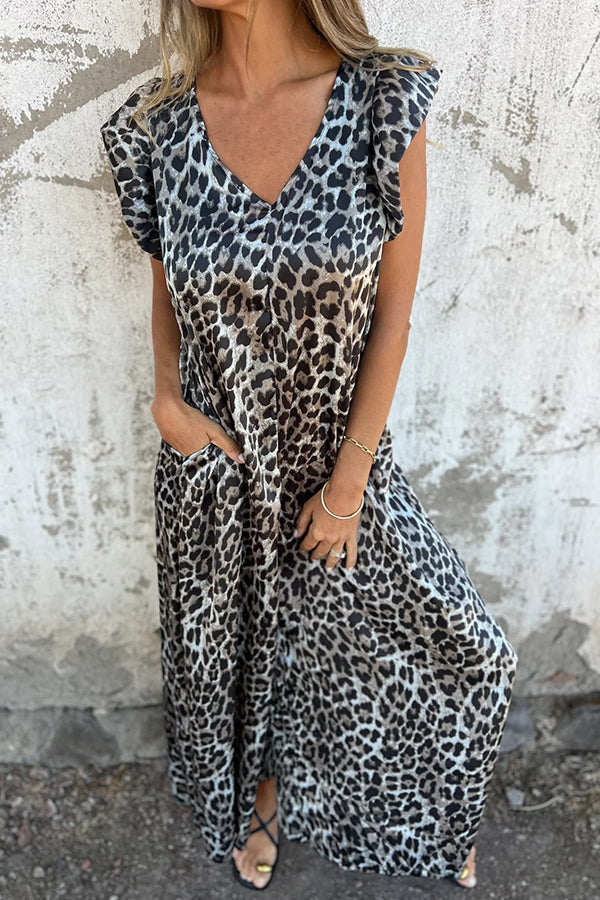 Leopard Print V-neck Backless Lace-up Loose Pocket Wide-leg Jumpsuit