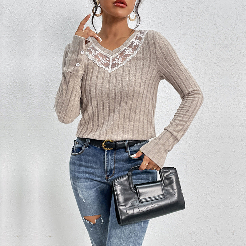 Alexa Women's Slim-fit T-shirt Lace V-neck Patchwork Texture Sunken Stripe Knitted Top