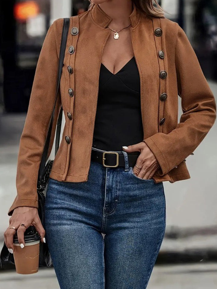 Brown Elegant Double-breasted Jacket - High Neck, Buttoned Placket, Micro-elastic, Street Style Solid Color Women'S Jacket - Suitable For Winter Amazon Does Not Sell