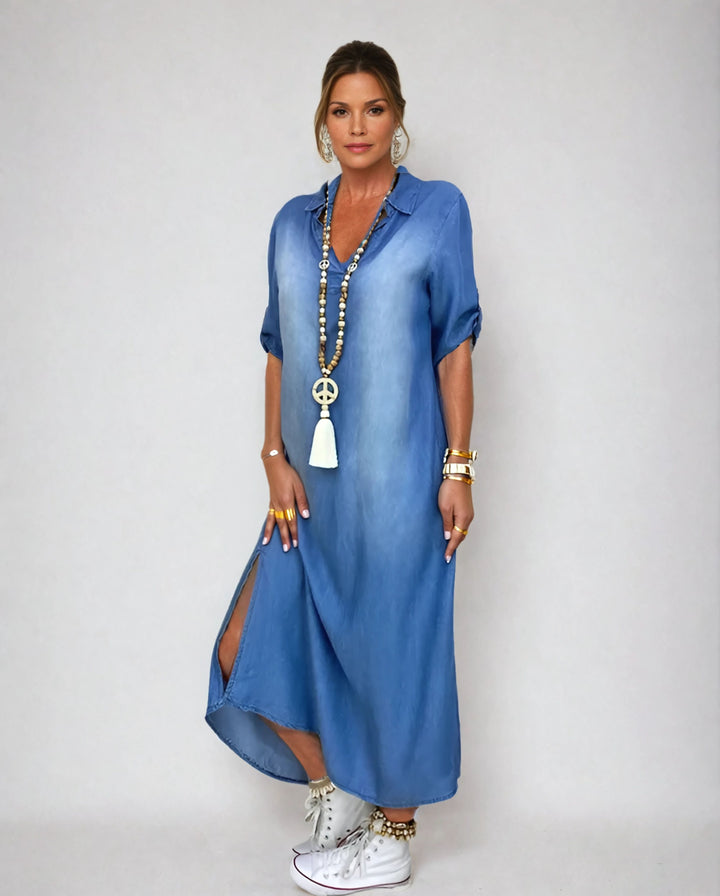 Peggy™ | Long Denim Look Dress with Side Slit