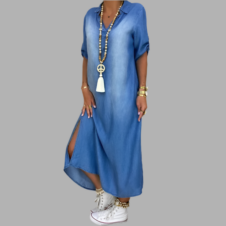 Peggy™ | Long Denim Look Dress with Side Slit