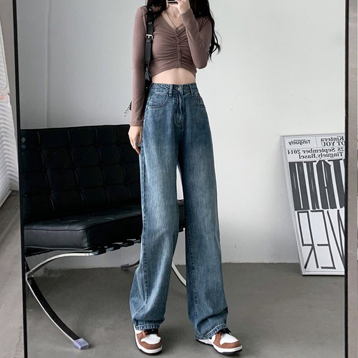 Draping Effect Wide Leg Jeans Women's High Waist Plus Size Mop Trousers