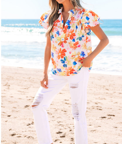 White Floral Bouquet Flutter Top