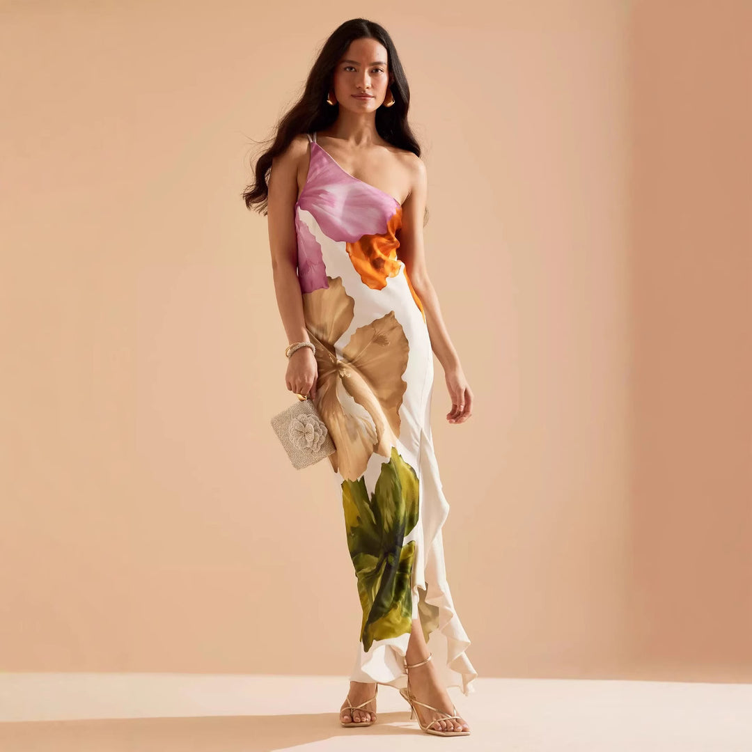 Spring And Summer New Oblique Shoulder Positioning Printing Female Dress