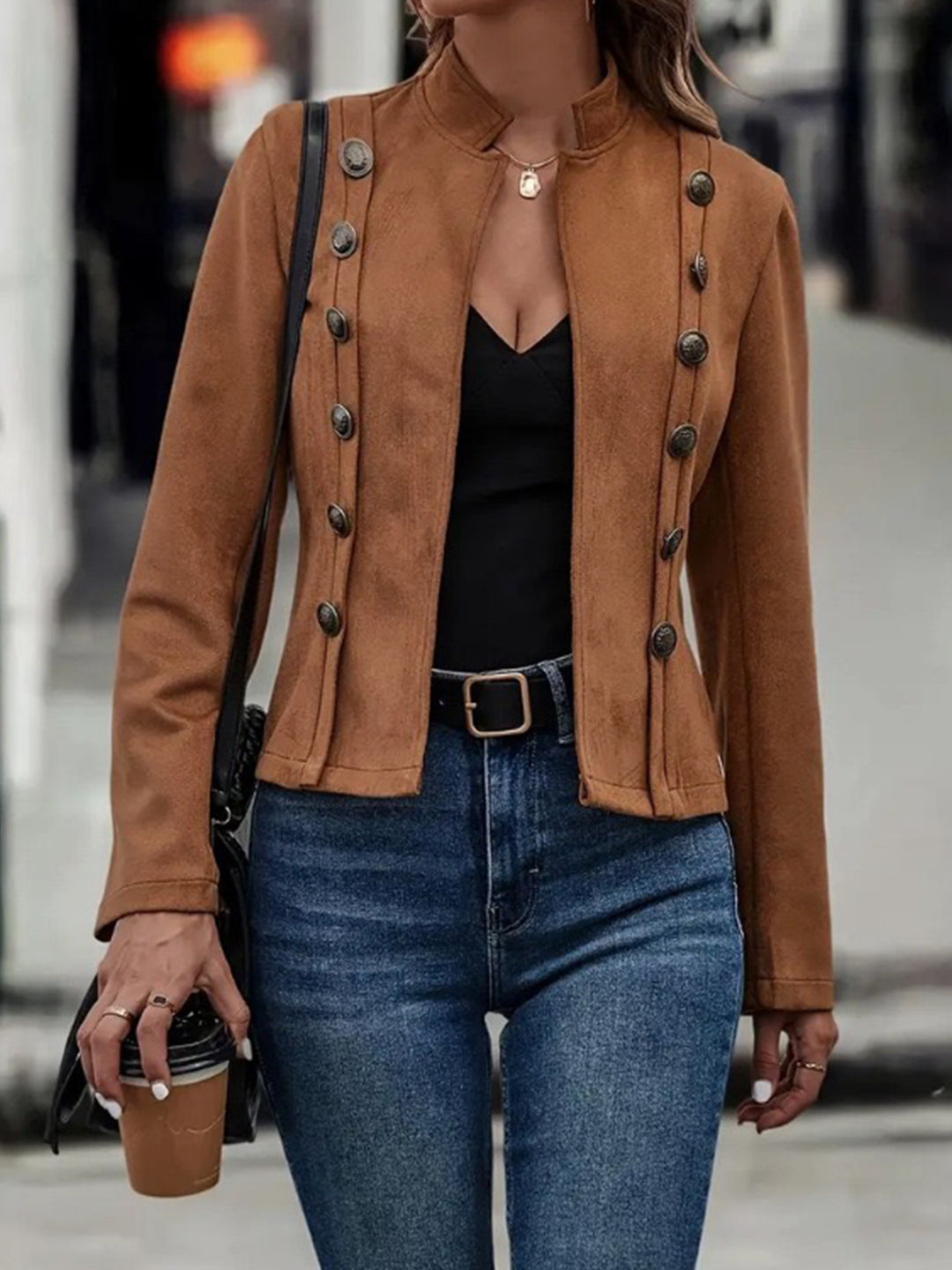 Brown Elegant Double-breasted Jacket - High Neck, Buttoned Placket, Micro-elastic, Street Style Solid Color Women'S Jacket - Suitable For Winter Amazon Does Not Sell