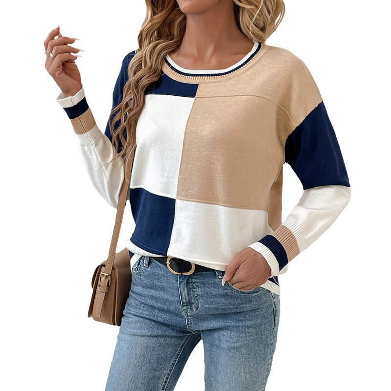 Silvia Casual Women's Round Neck Stitching Contrast Color Knitwear