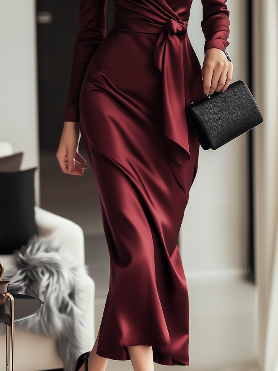 Timeless Burgundy Satin Wrap Dress with Waist Tie Detail